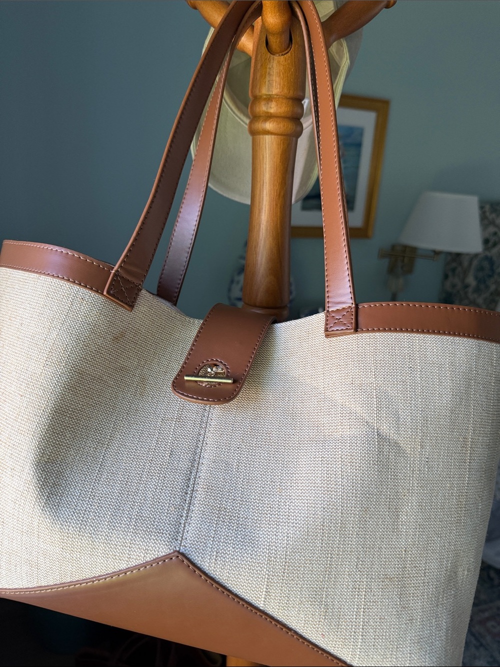 Ann Taylor Cream Canvas Tote with Brown Leather Trim